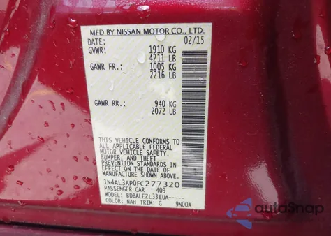 2015 Nissan Altima 2.5/2.5 S/2.5 Sl/2.5 Sv из США, поврежденный, VIN 1N4AL3AP0FC277320